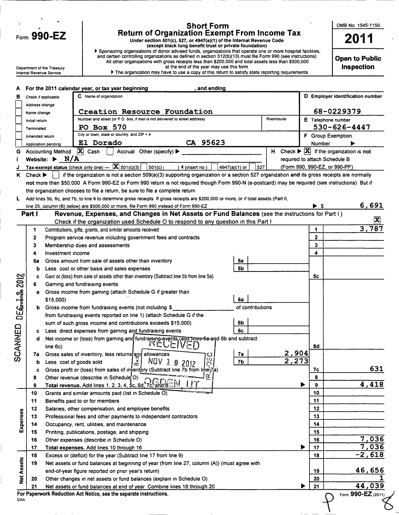 Image of first page of 2011 Form 990EZ for Creation Resource Foundation