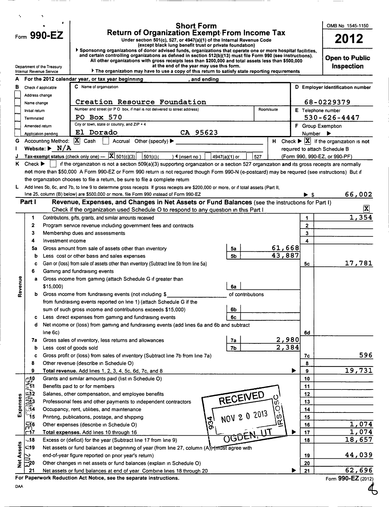 Image of first page of 2012 Form 990EZ for Creation Resource Foundation