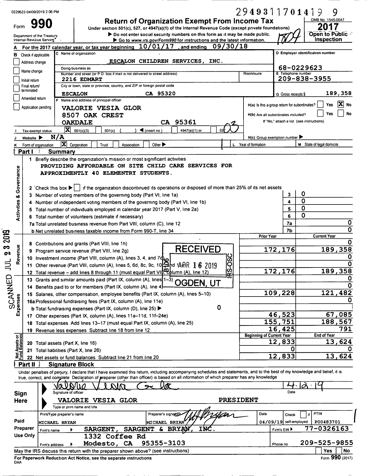 Image of first page of 2017 Form 990 for Escalon Children Services