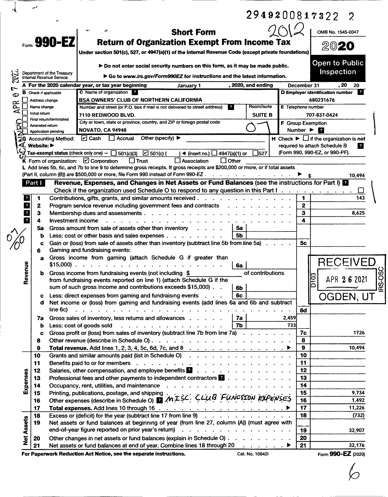 Image of first page of 2020 Form 990EO for Bsa Owners Club