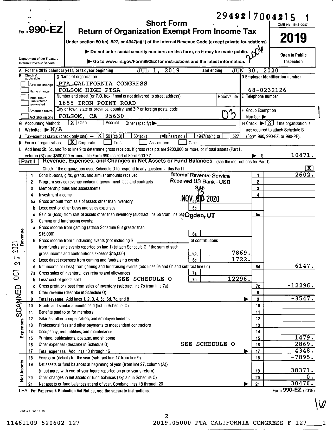 Image of first page of 2019 Form 990EZ for California State PTA - Folsom High Ptsa