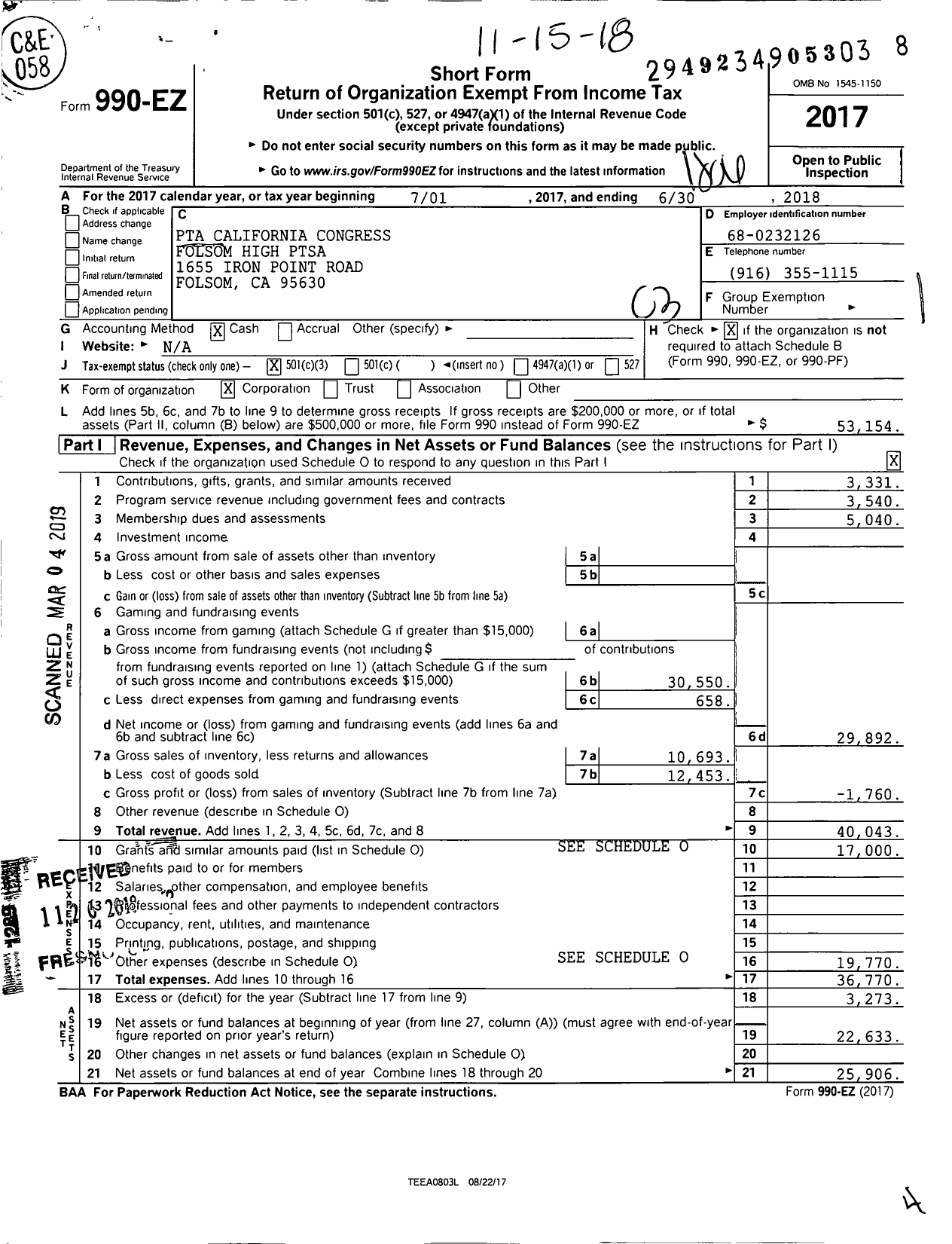 Image of first page of 2017 Form 990EZ for California State PTA - Folsom High Ptsa