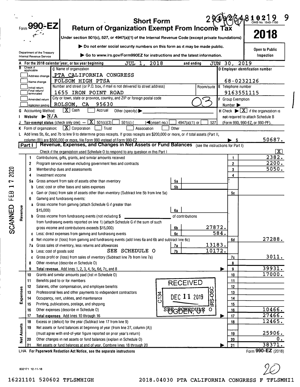 Image of first page of 2018 Form 990EZ for California State PTA - Folsom High Ptsa