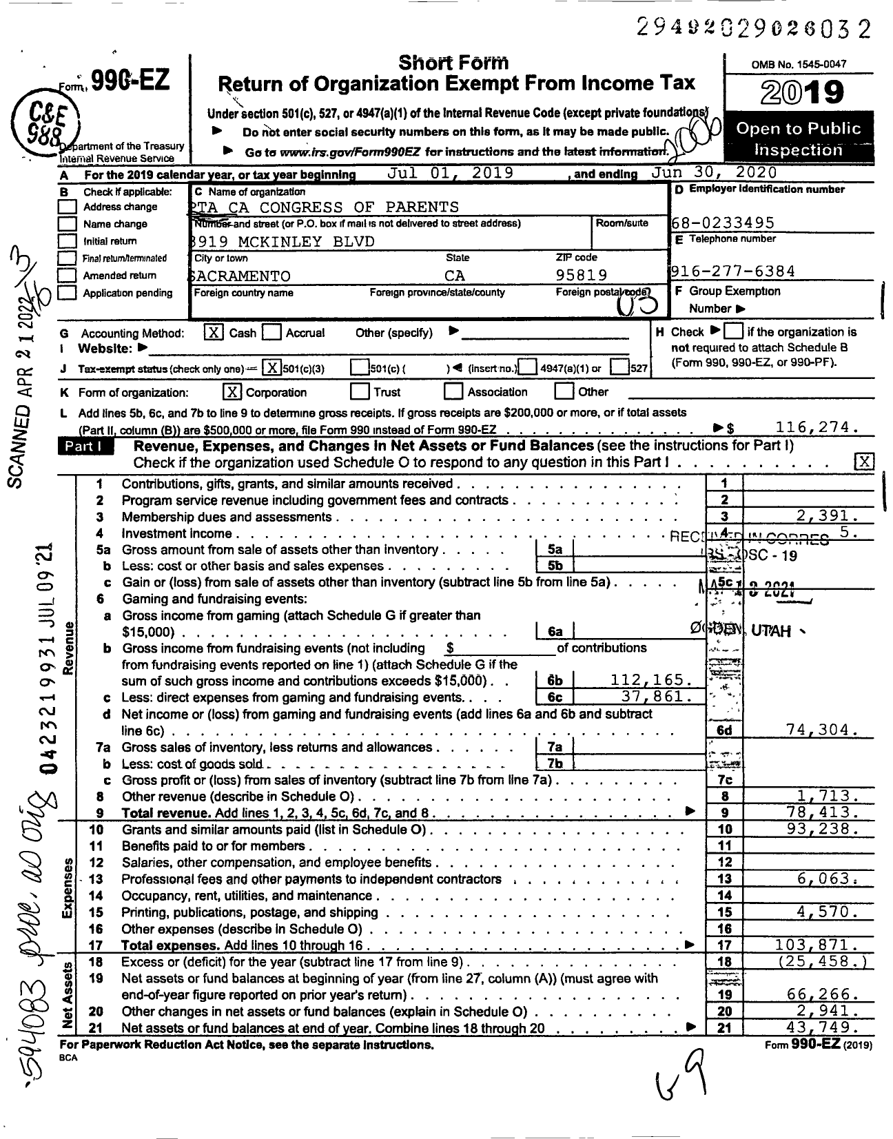 Image of first page of 2019 Form 990EZ for California State PTA - 456 Theodore Judah Elementary PTA