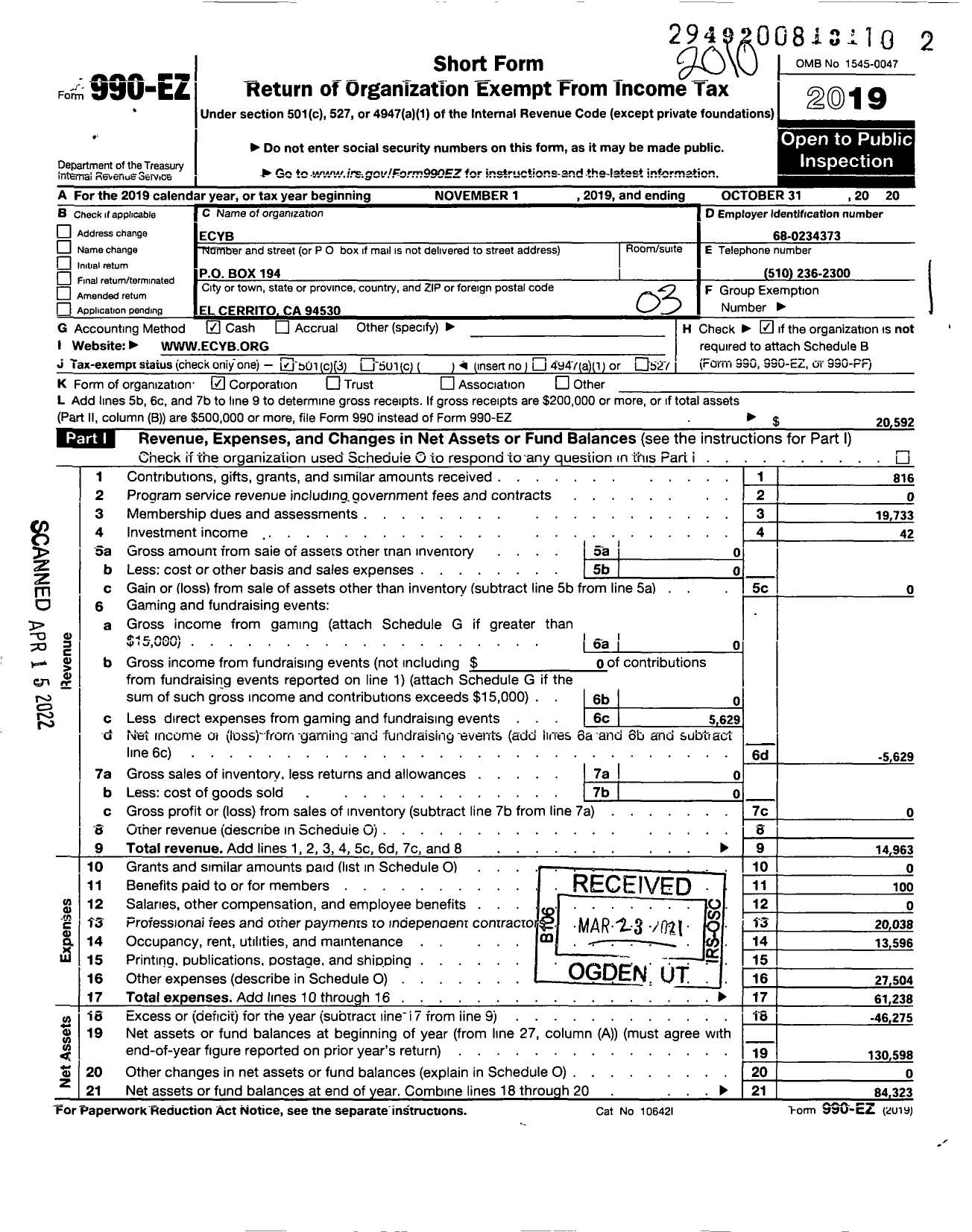 Image of first page of 2019 Form 990EZ for Ecyb