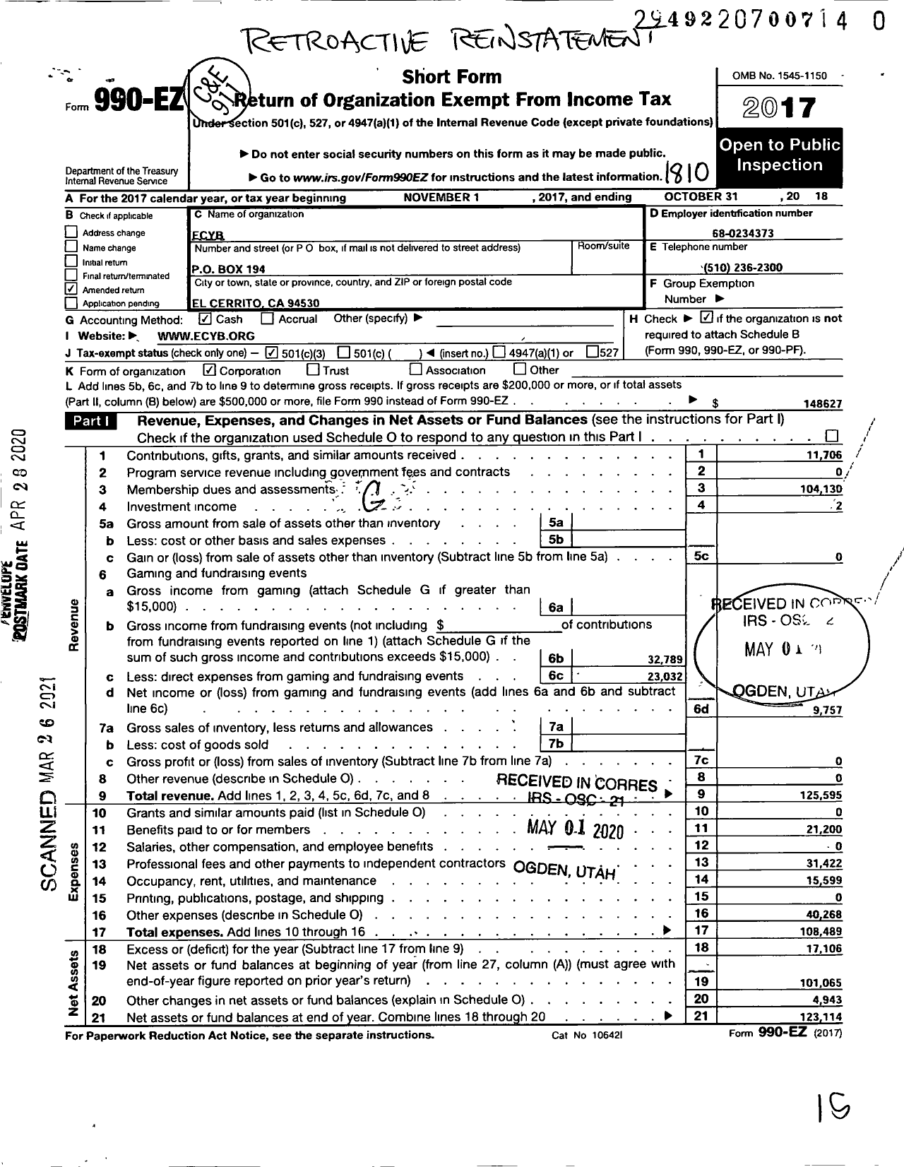 Image of first page of 2017 Form 990EZ for Ecyb