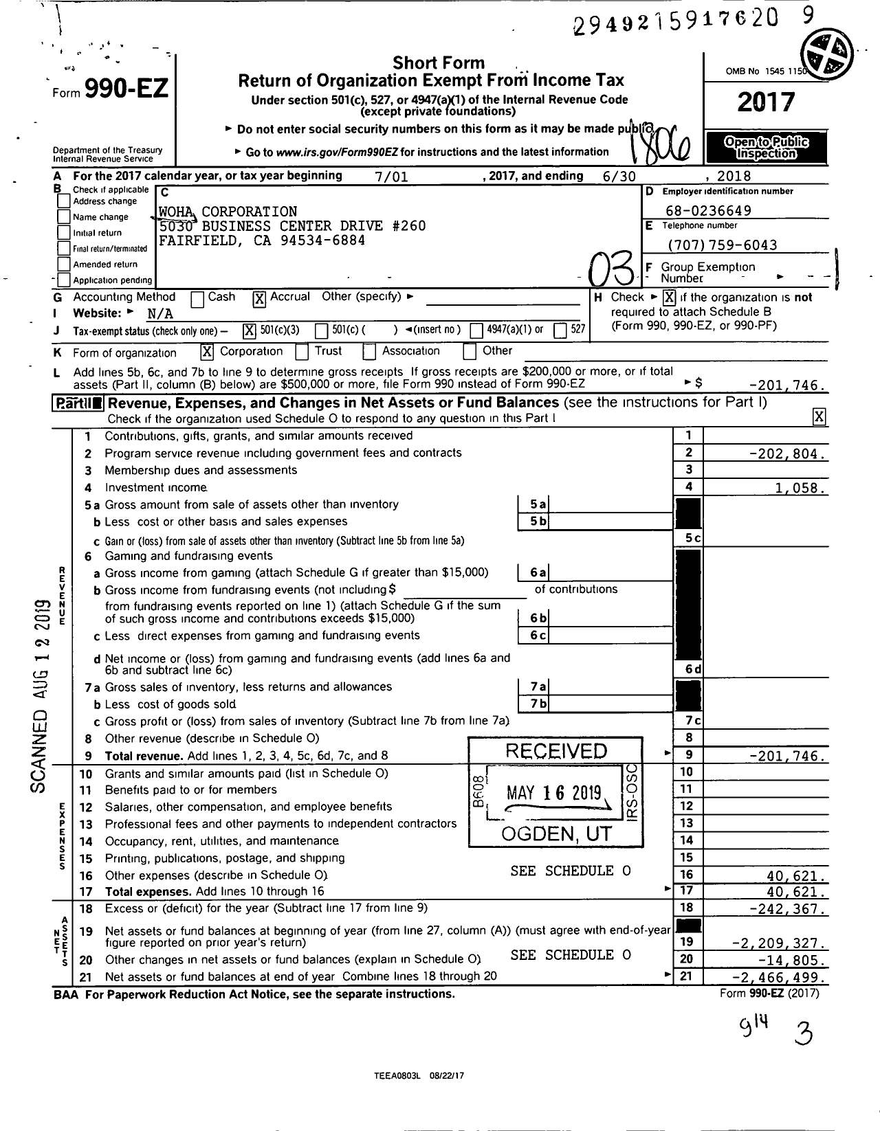 Image of first page of 2017 Form 990EZ for Woha Corporation