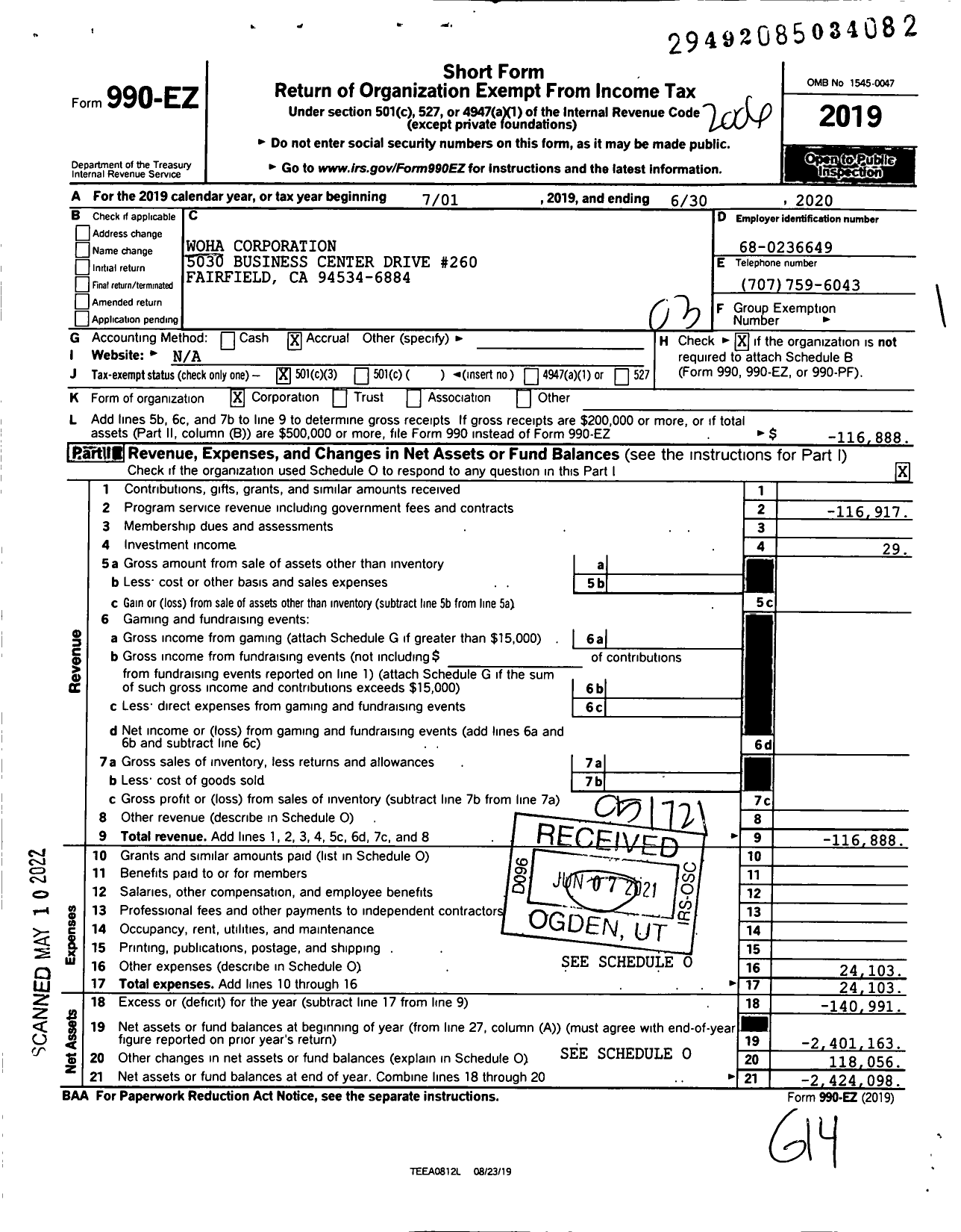 Image of first page of 2019 Form 990EZ for Woha Corporation