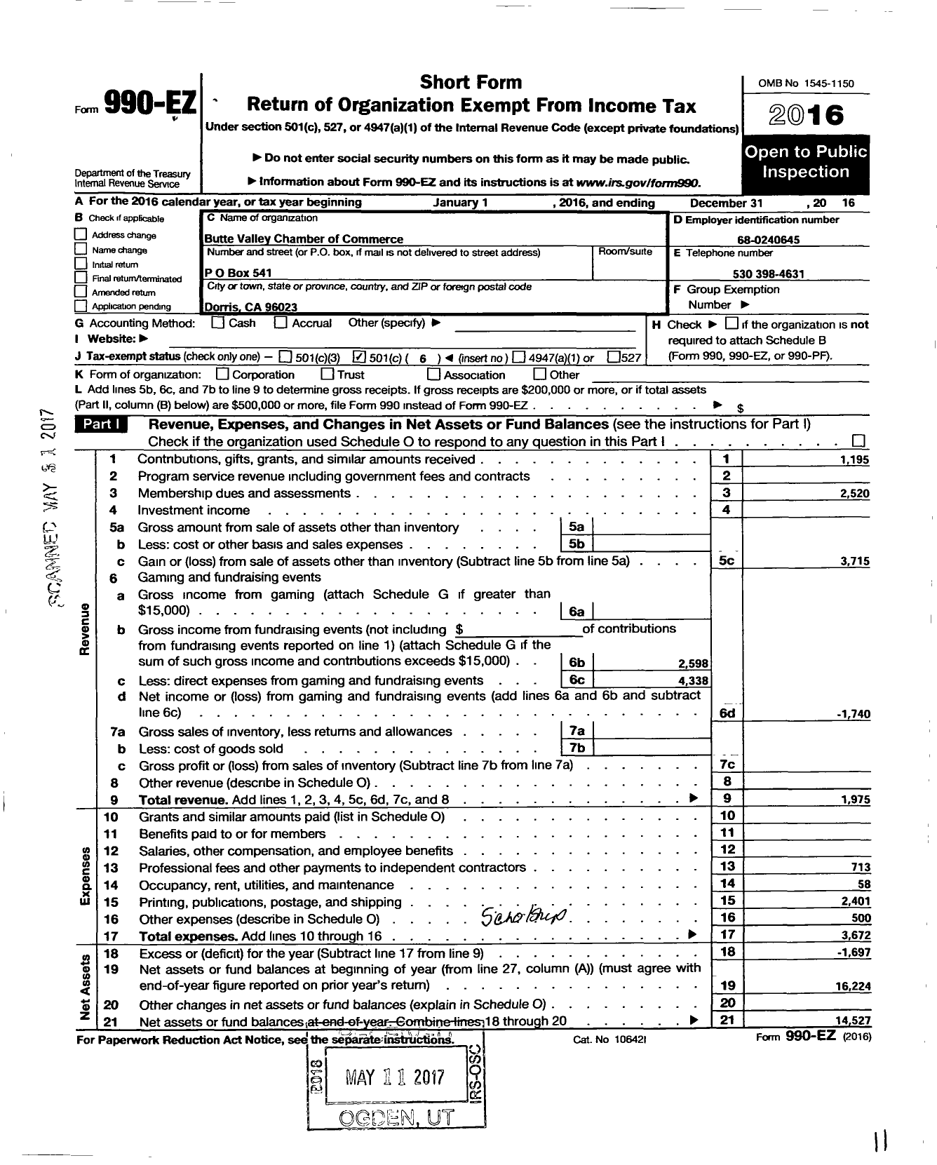 Image of first page of 2016 Form 990EO for Butte Valley Chamber of Commerce