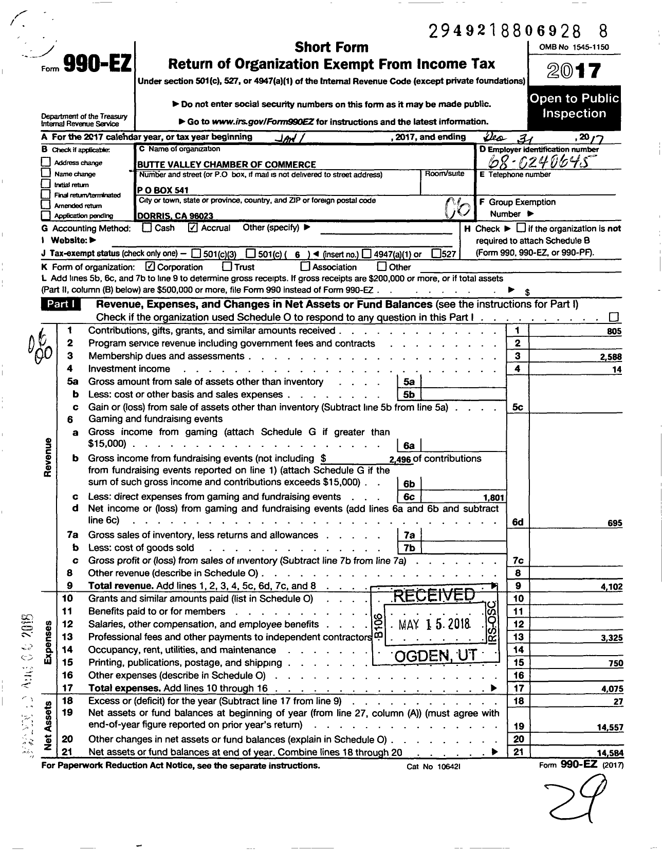 Image of first page of 2017 Form 990EO for Butte Valley Chamber of Commerce