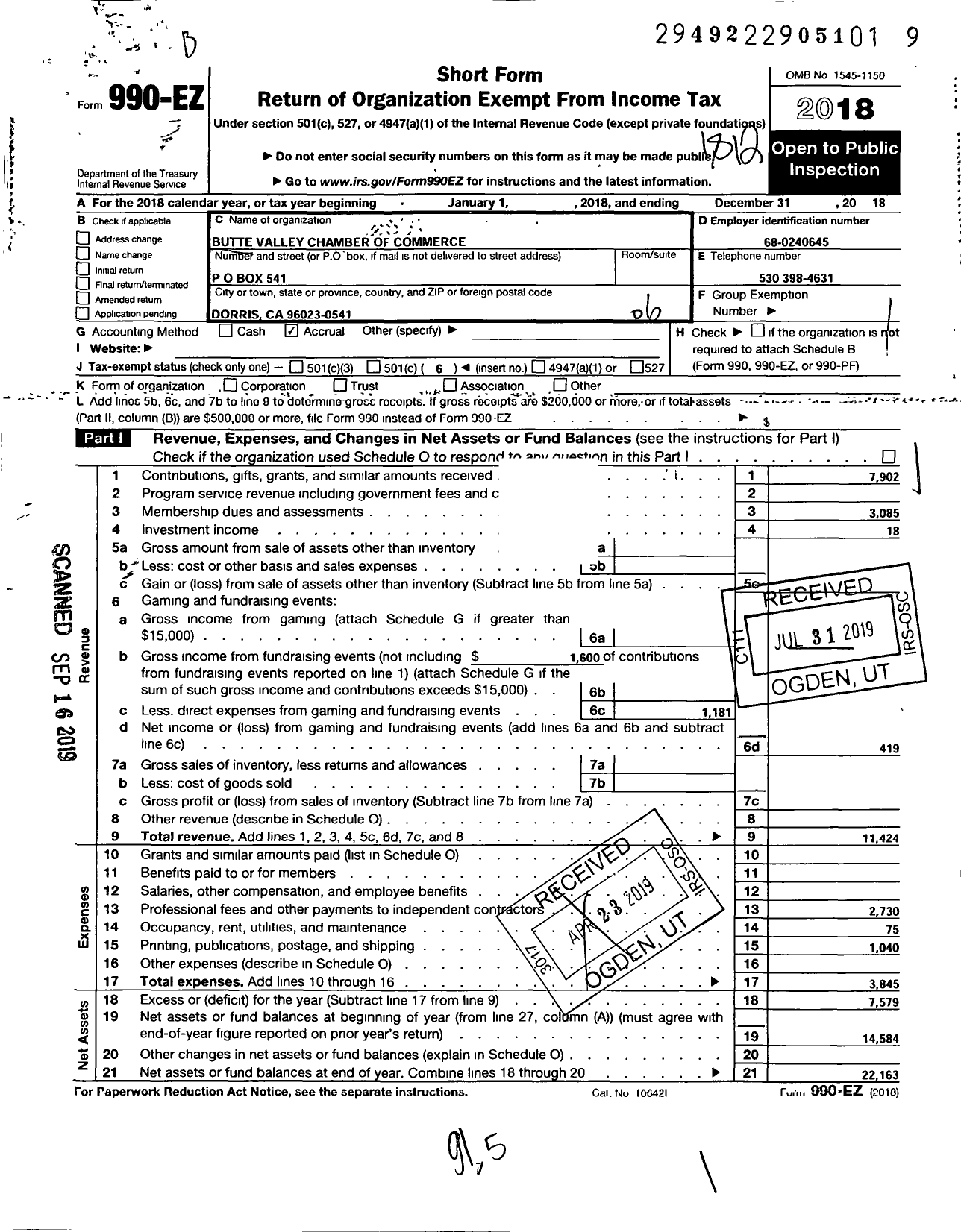 Image of first page of 2018 Form 990EO for Butte Valley Chamber of Commerce