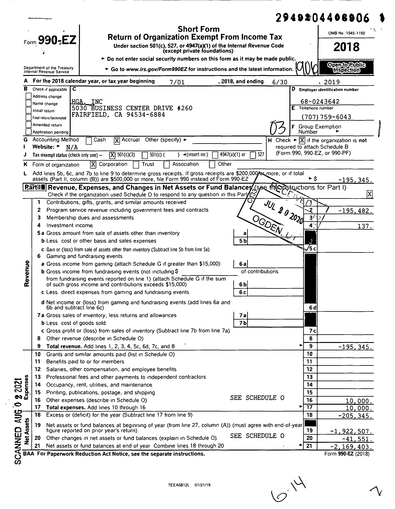 Image of first page of 2018 Form 990EZ for Hga