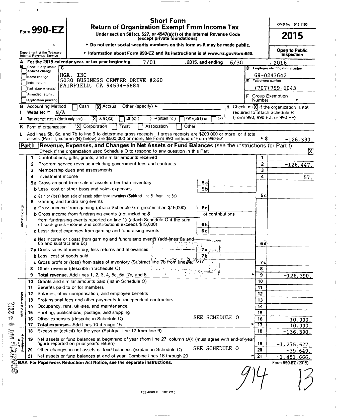 Image of first page of 2015 Form 990EZ for Hga