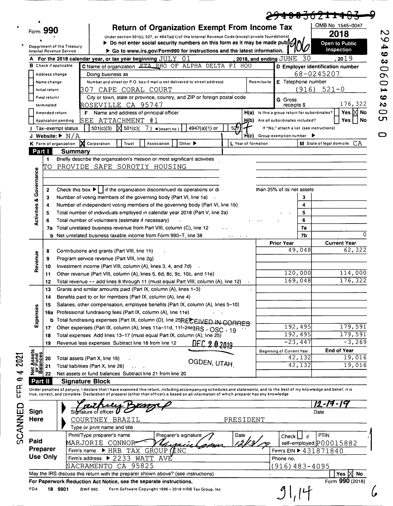 Image of first page of 2018 Form 990O for Eta A Rho of Alpha Delta Pi House