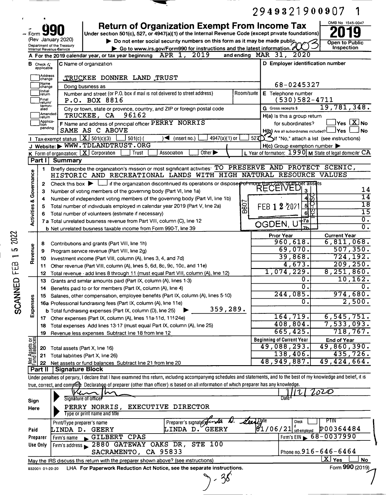Image of first page of 2019 Form 990 for Truckee Donner Land Trust