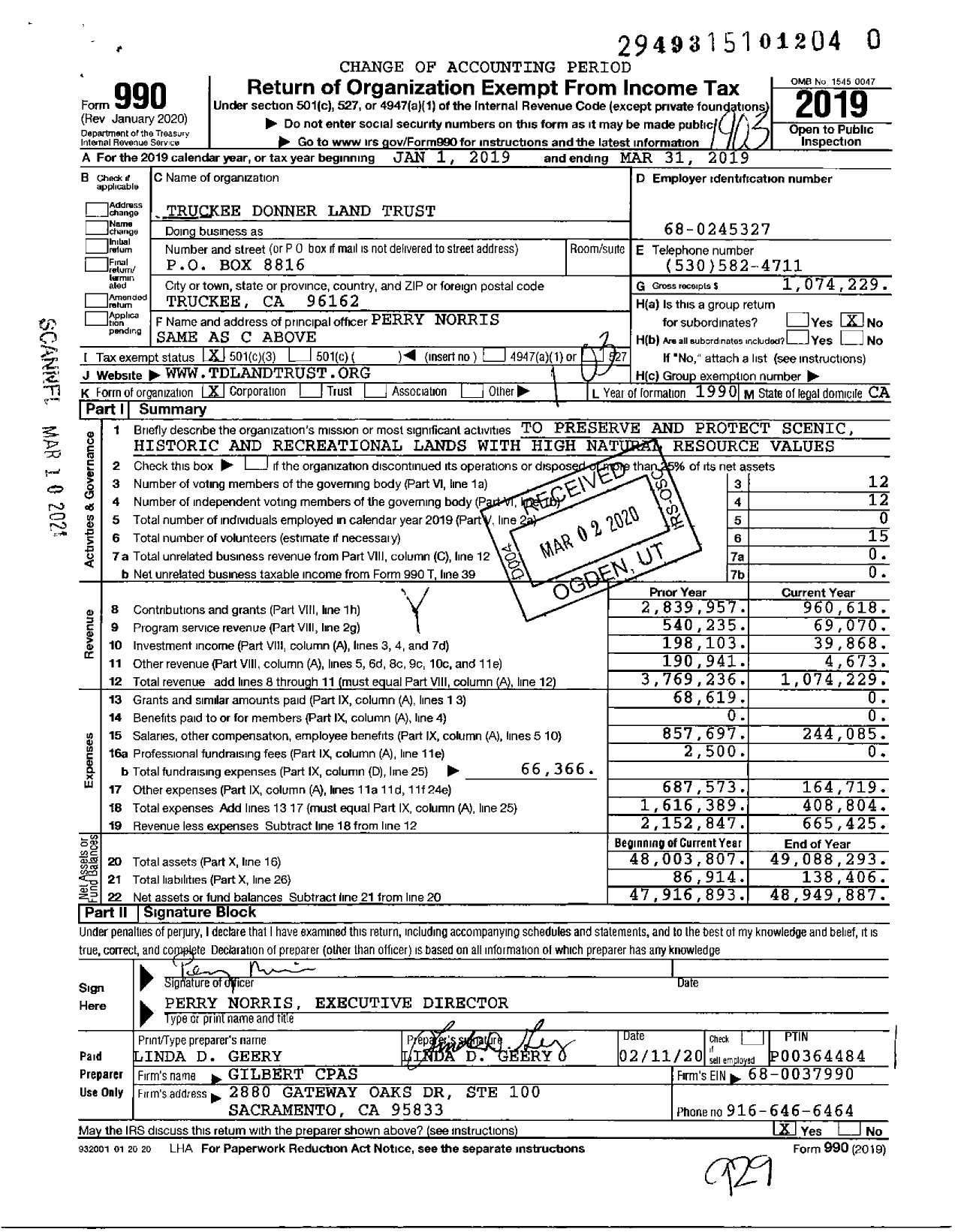 Image of first page of 2018 Form 990 for Truckee Donner Land Trust