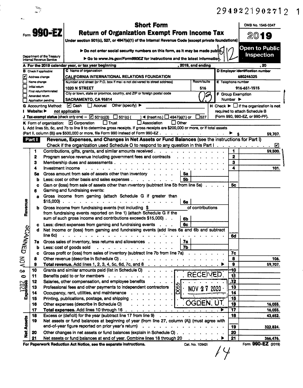 Image of first page of 2019 Form 990EZ for California International Relations Foundation