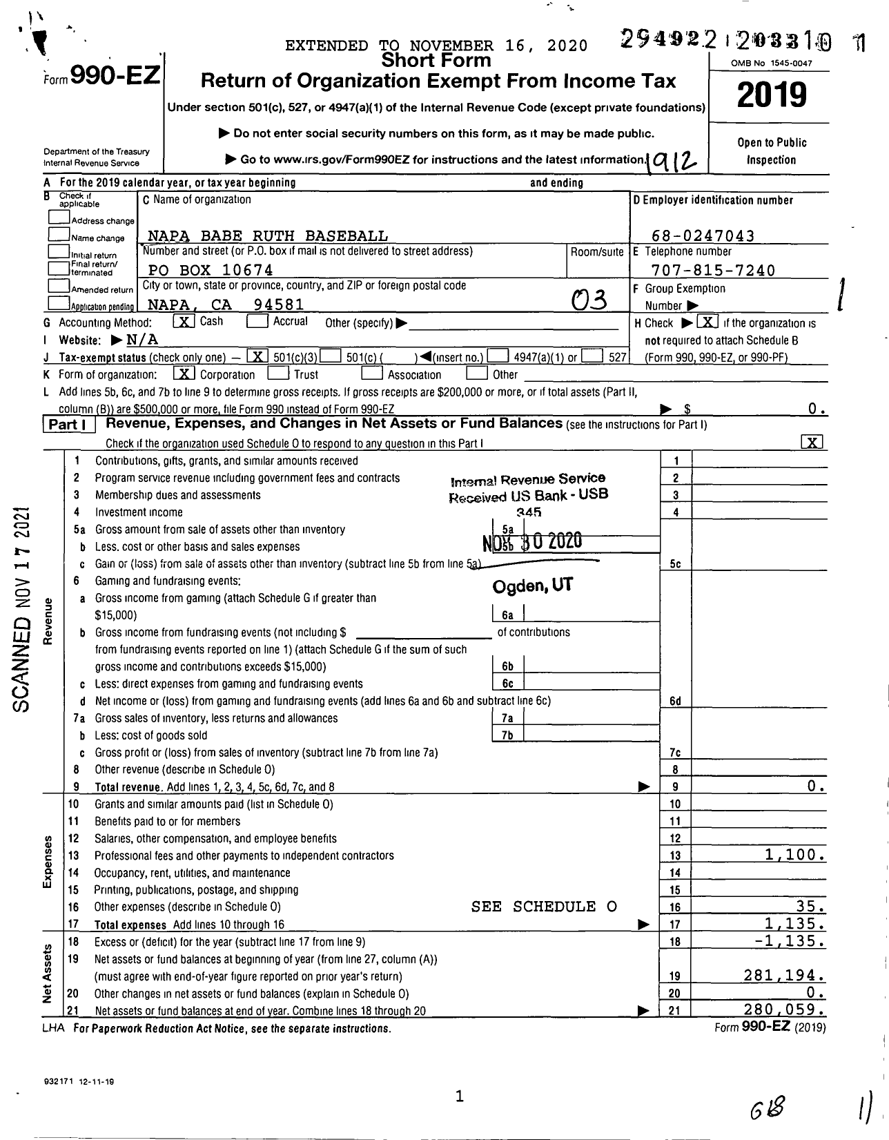 Image of first page of 2019 Form 990EZ for Napa Babe Ruth Baseball