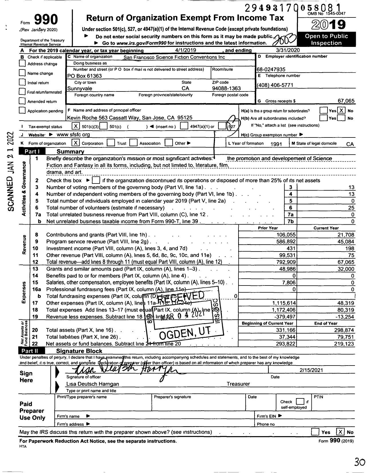 Image of first page of 2019 Form 990 for San Francisco Science Fiction Conventions