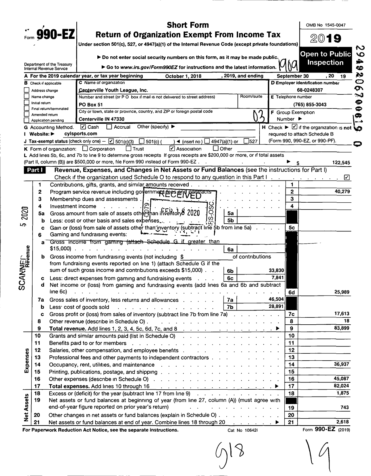 Image of first page of 2018 Form 990EZ for Centerville Youth League