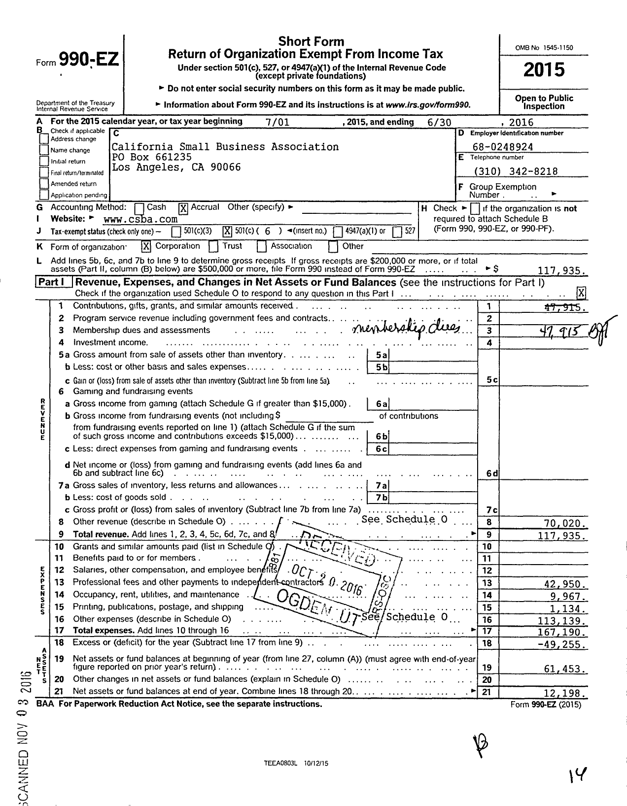 Image of first page of 2015 Form 990EO for California Small Business Association