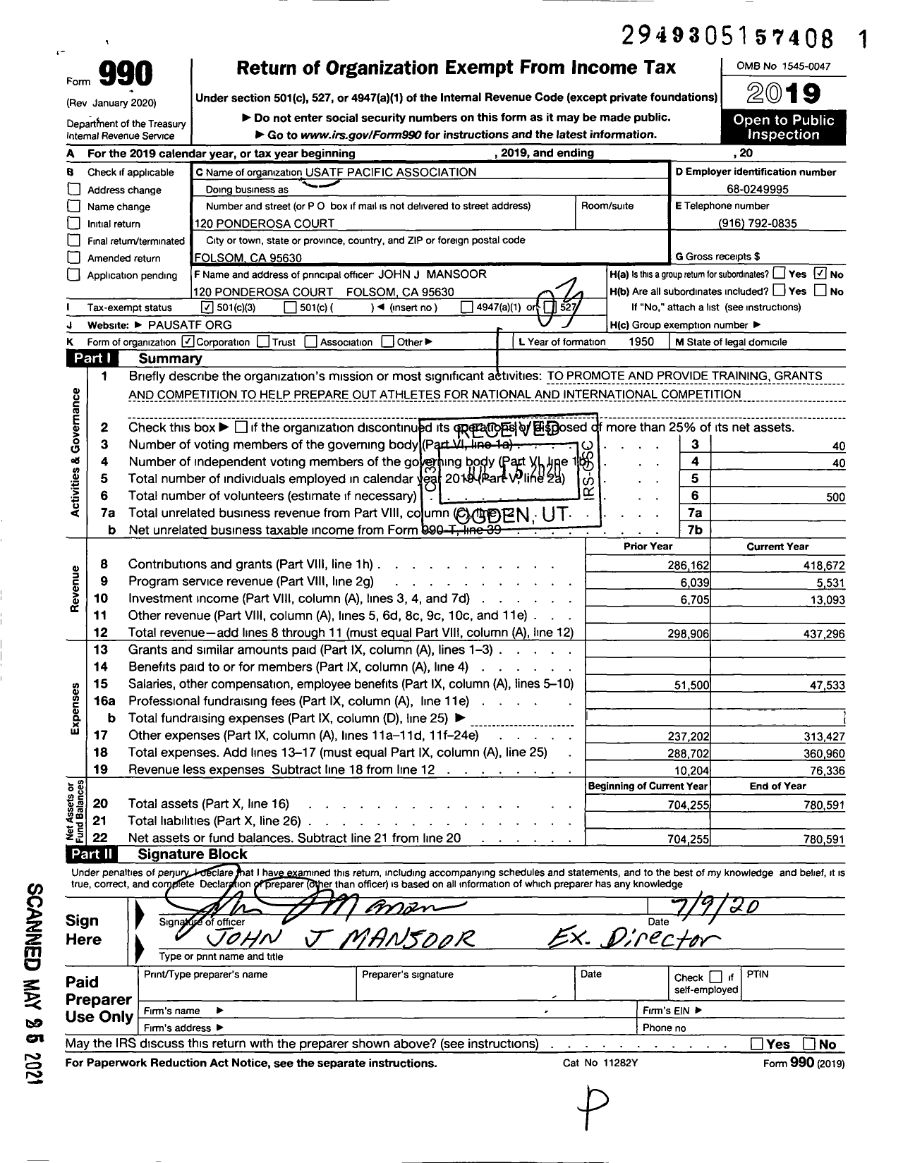 Image of first page of 2019 Form 990 for Usatf Pacific Association