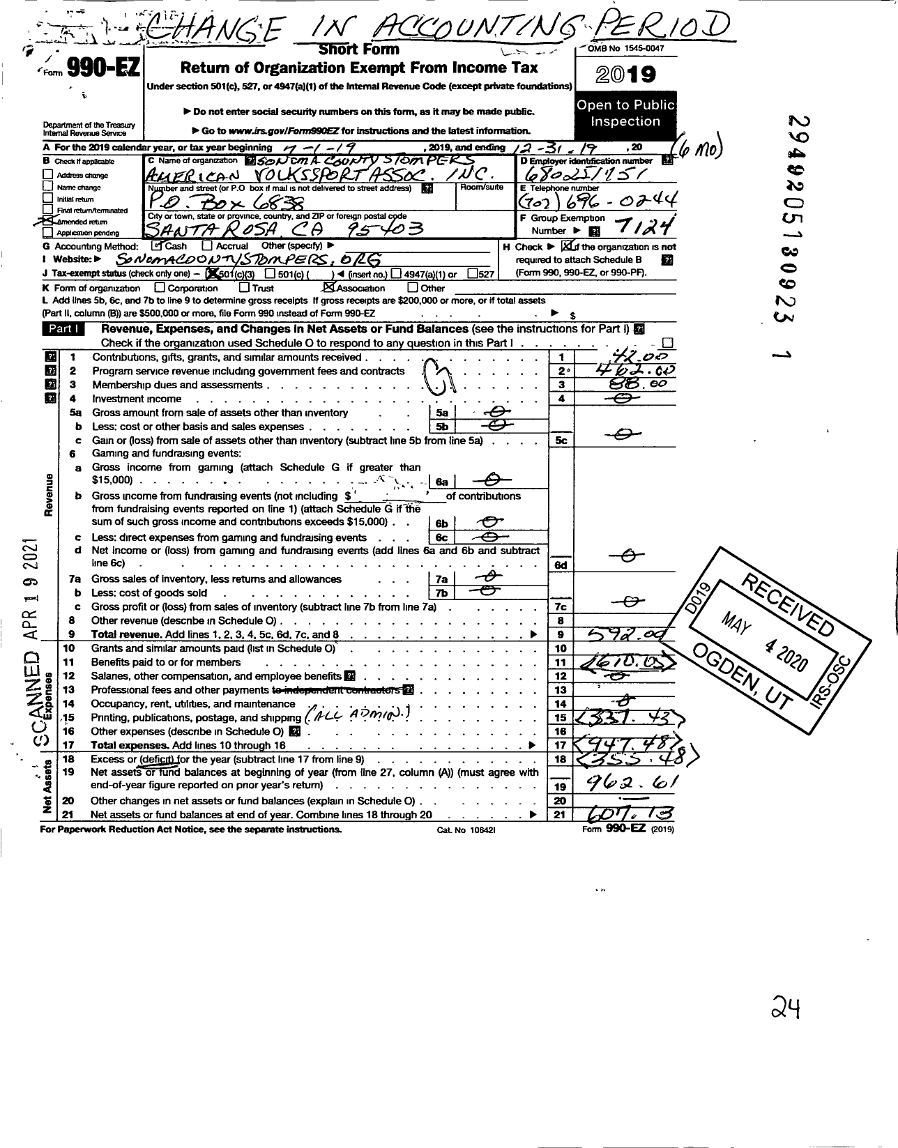 Image of first page of 2019 Form 990EZ for American Volkssport Association - 720 Sonoma County Stompers