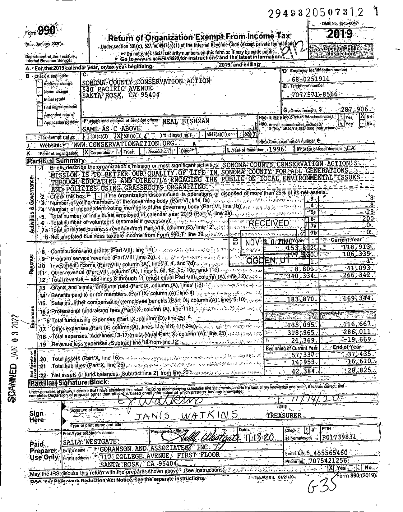 Image of first page of 2019 Form 990O for Sonoma County Conservation Action