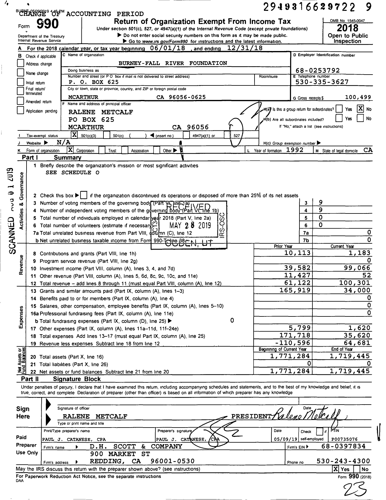 Image of first page of 2018 Form 990 for Burney-Fall River Education FNDN
