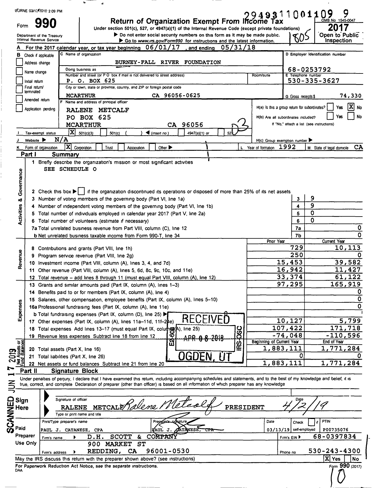 Image of first page of 2017 Form 990 for Burney-Fall River Education FNDN