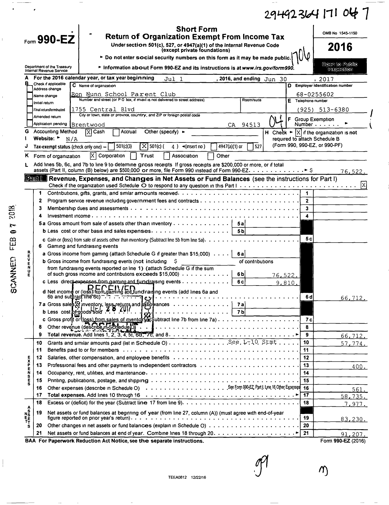 Image of first page of 2016 Form 990EO for Ron Nunn Parents Club