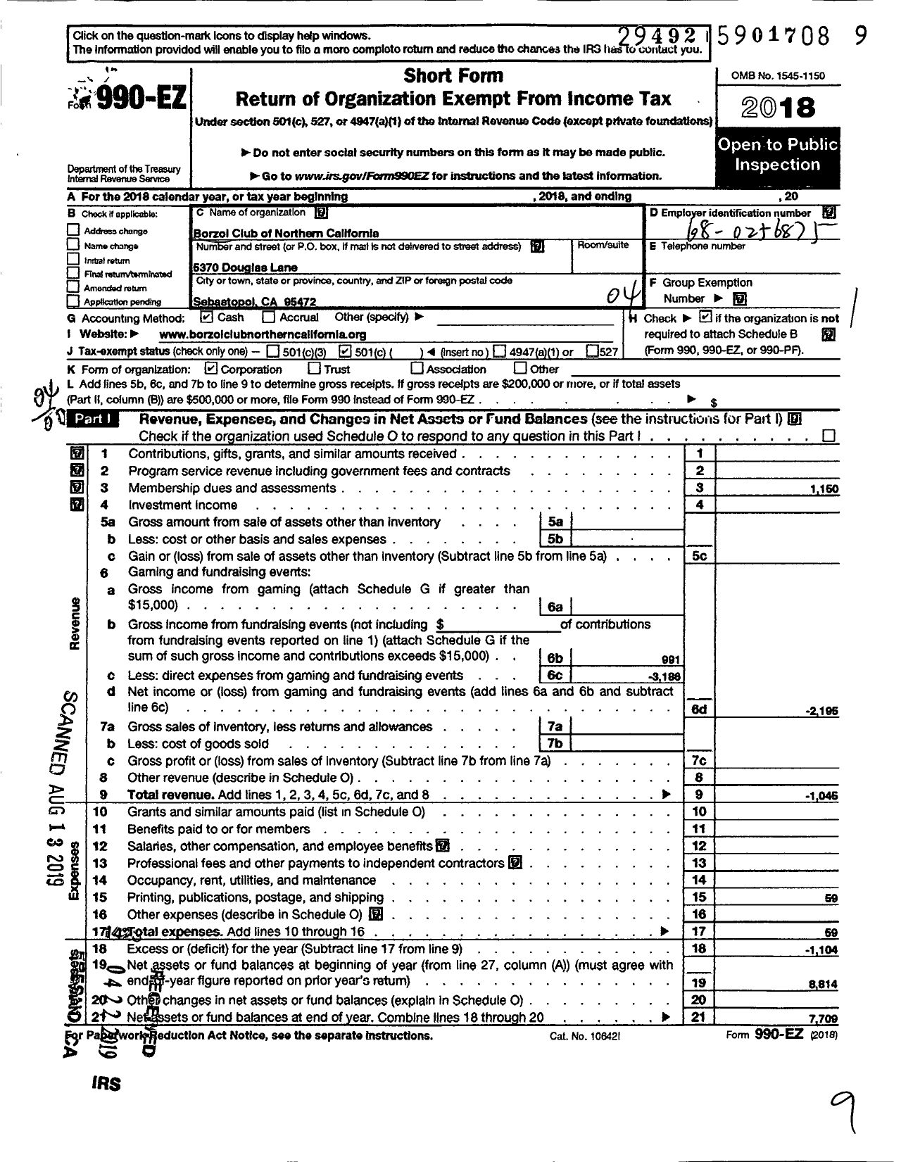 Image of first page of 2018 Form 990EO for Borzoi Club of Northern California