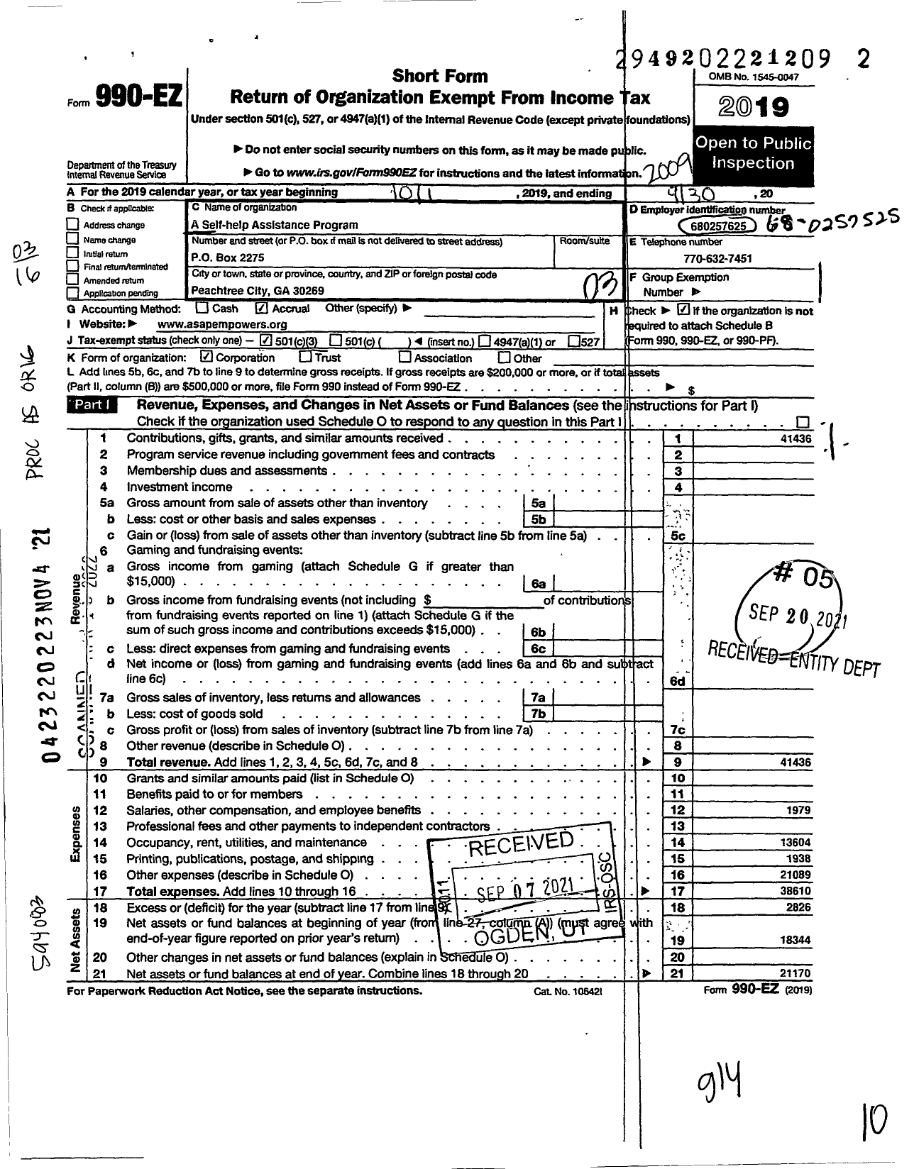 Image of first page of 2019 Form 990EZ for A Self-Help Assistance Program