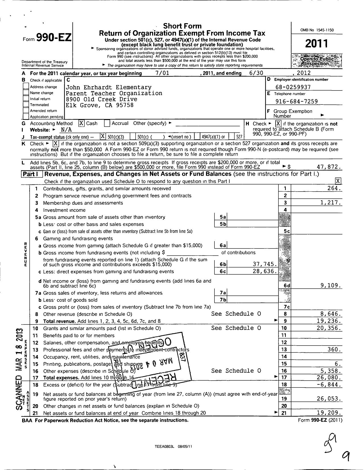 Image of first page of 2011 Form 990EZ for Ptac John Ehrhardt Elementary