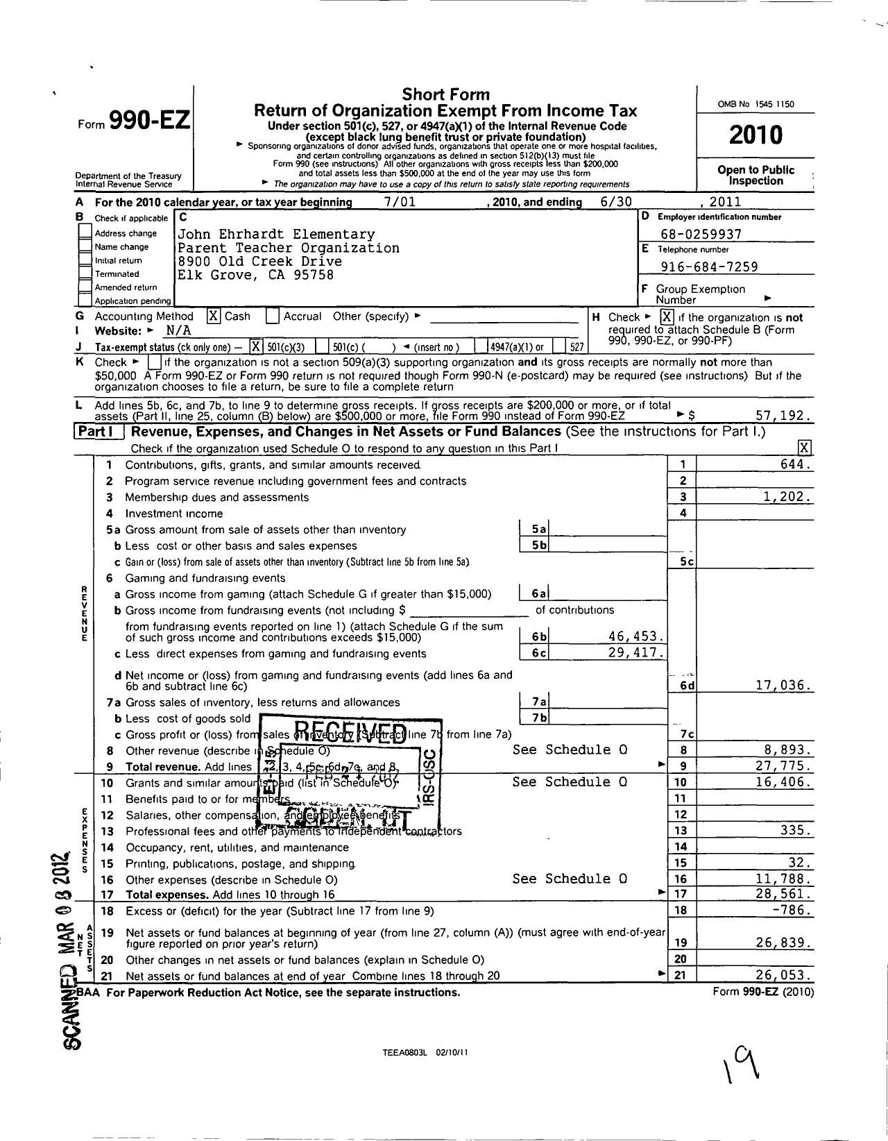 Image of first page of 2010 Form 990EZ for Ptac John Ehrhardt Elementary