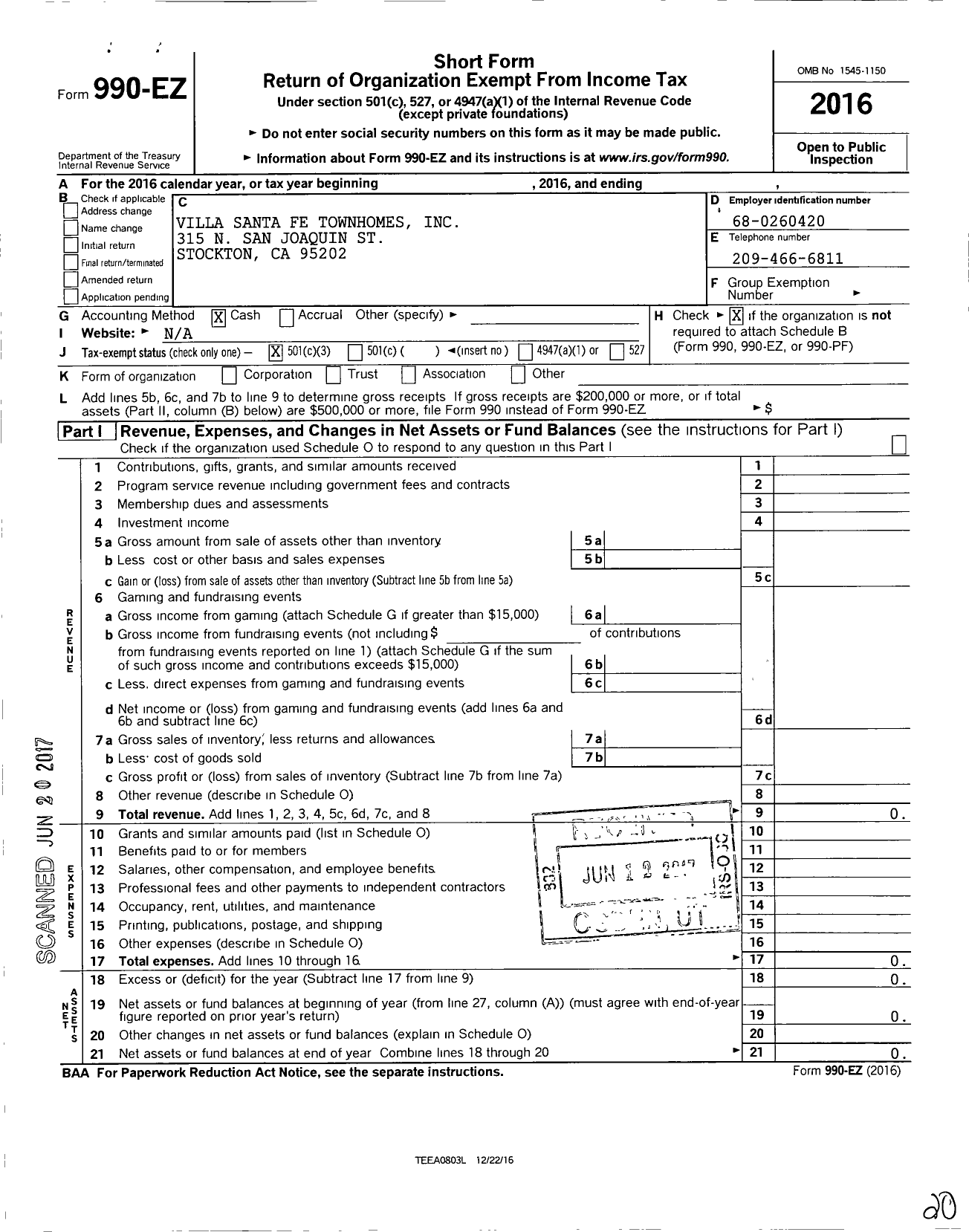 Image of first page of 2016 Form 990EZ for Villa Santa Fe Townhomes