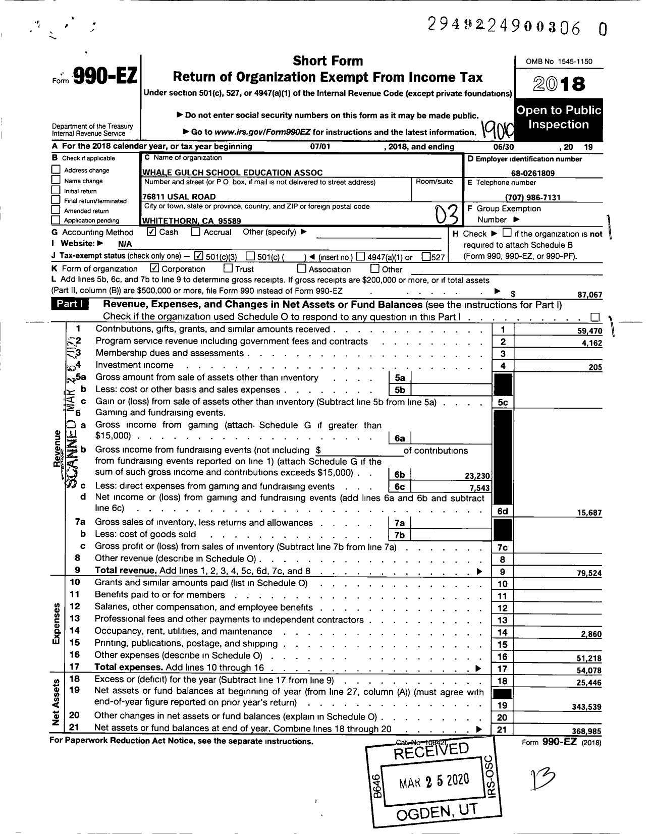 Image of first page of 2018 Form 990EZ for Whale Gulch School Education Association