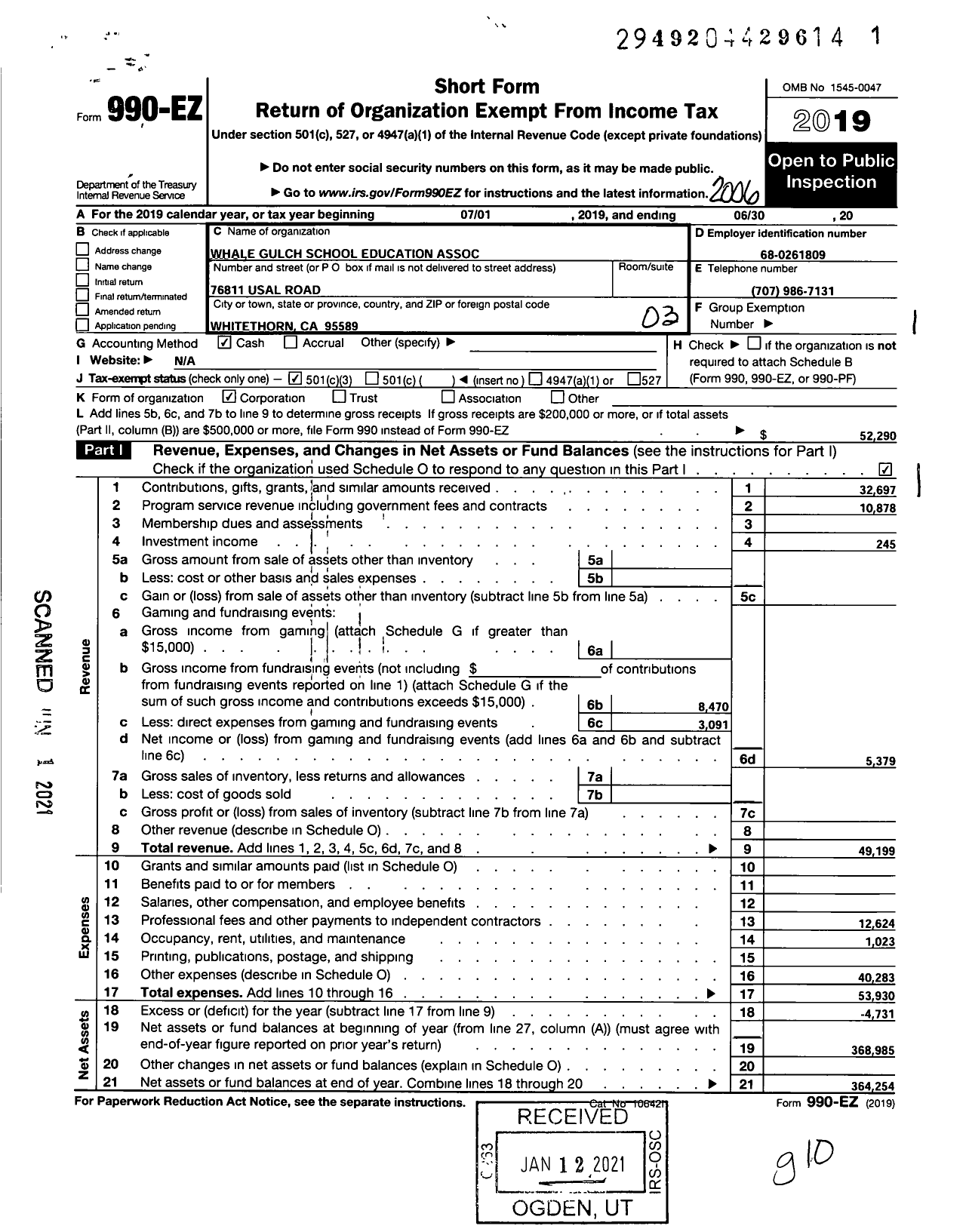 Image of first page of 2019 Form 990EZ for Whale Gulch School Education Association