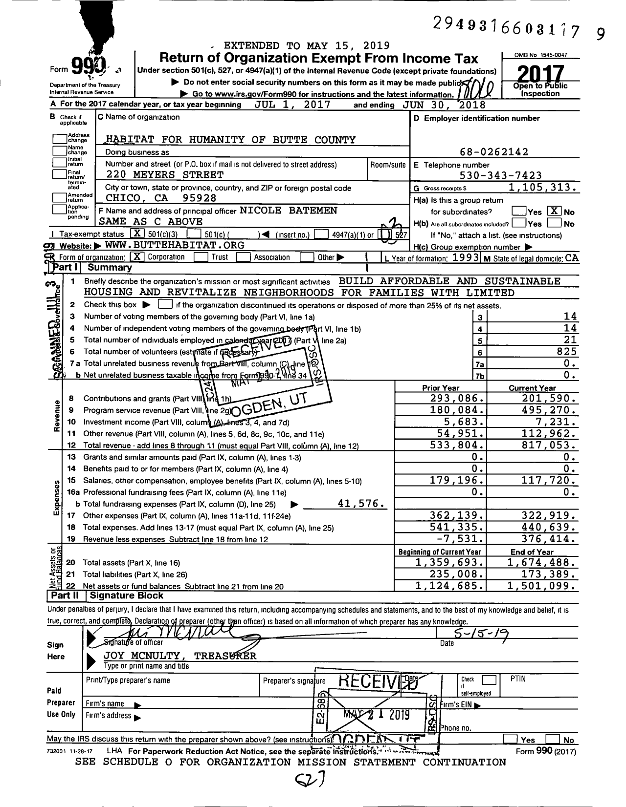 Image of first page of 2017 Form 990 for Habitat for Humanity - Butte Co HFH