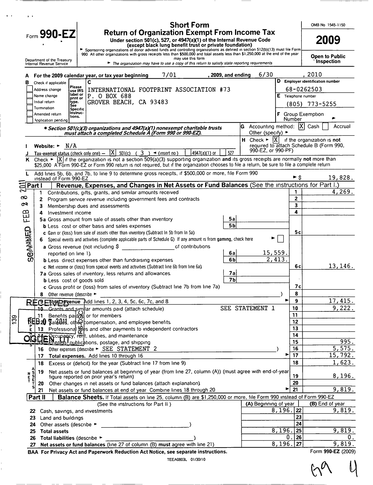 Image of first page of 2009 Form 990EZ for Ca Central Coast Cops N Kids