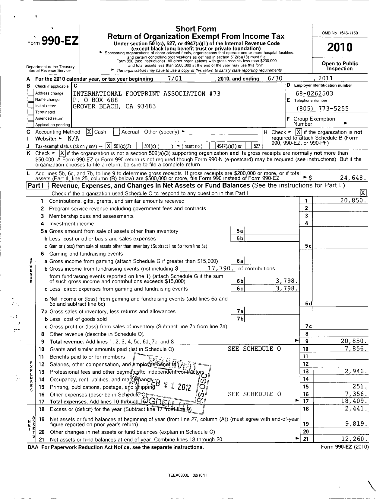 Image of first page of 2010 Form 990EZ for Ca Central Coast Cops N Kids