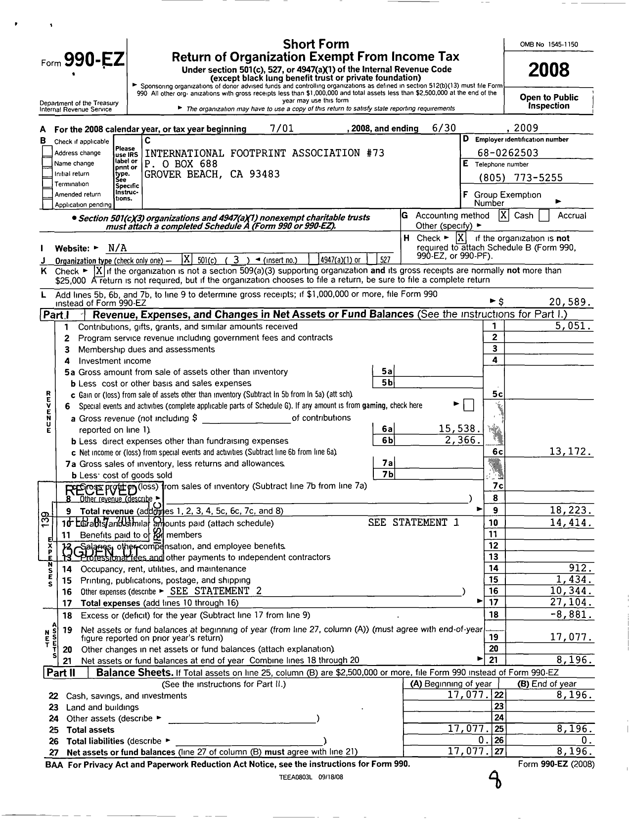 Image of first page of 2008 Form 990EZ for Ca Central Coast Cops N Kids