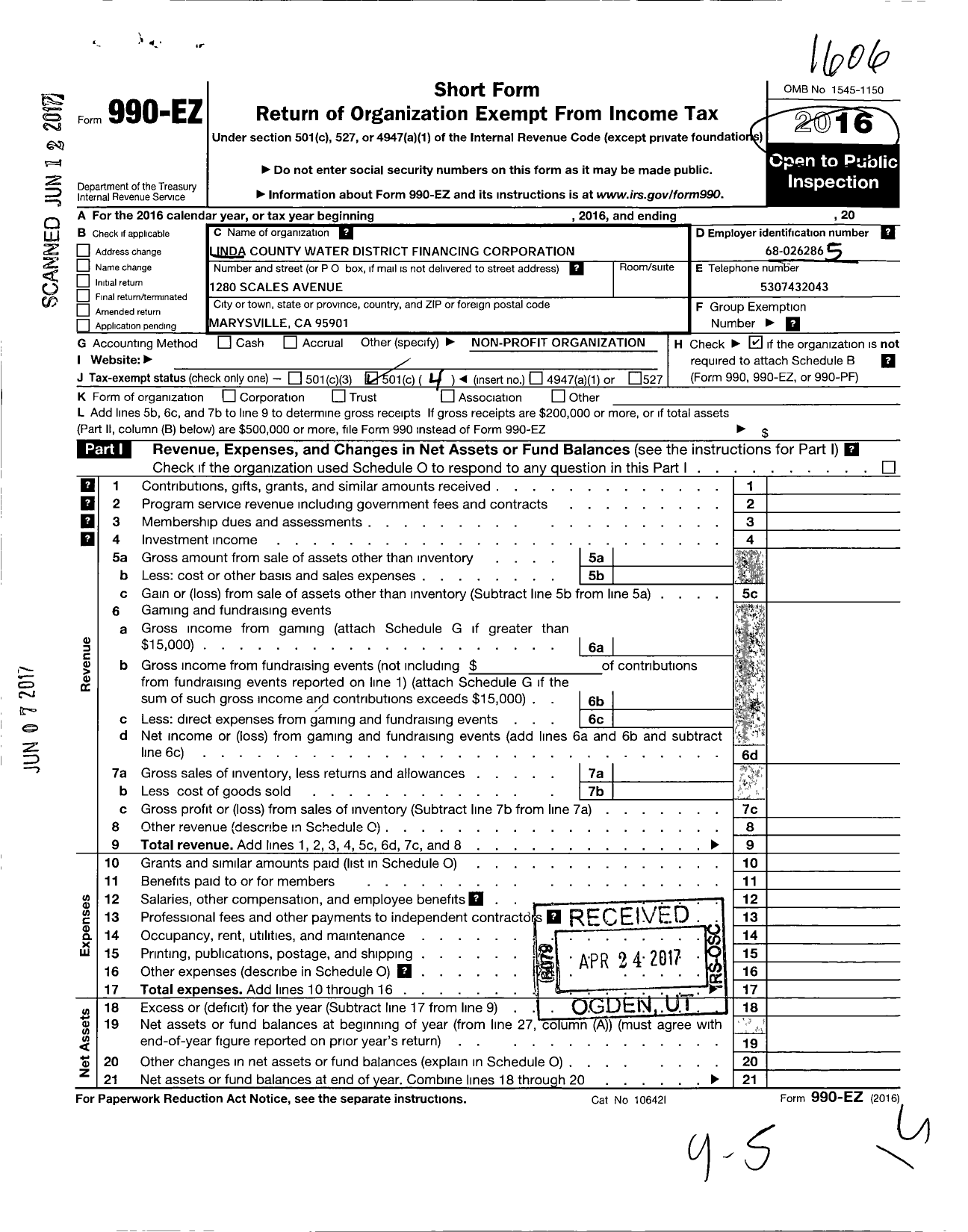 Image of first page of 2015 Form 990EO for Linda County Financing Corporation
