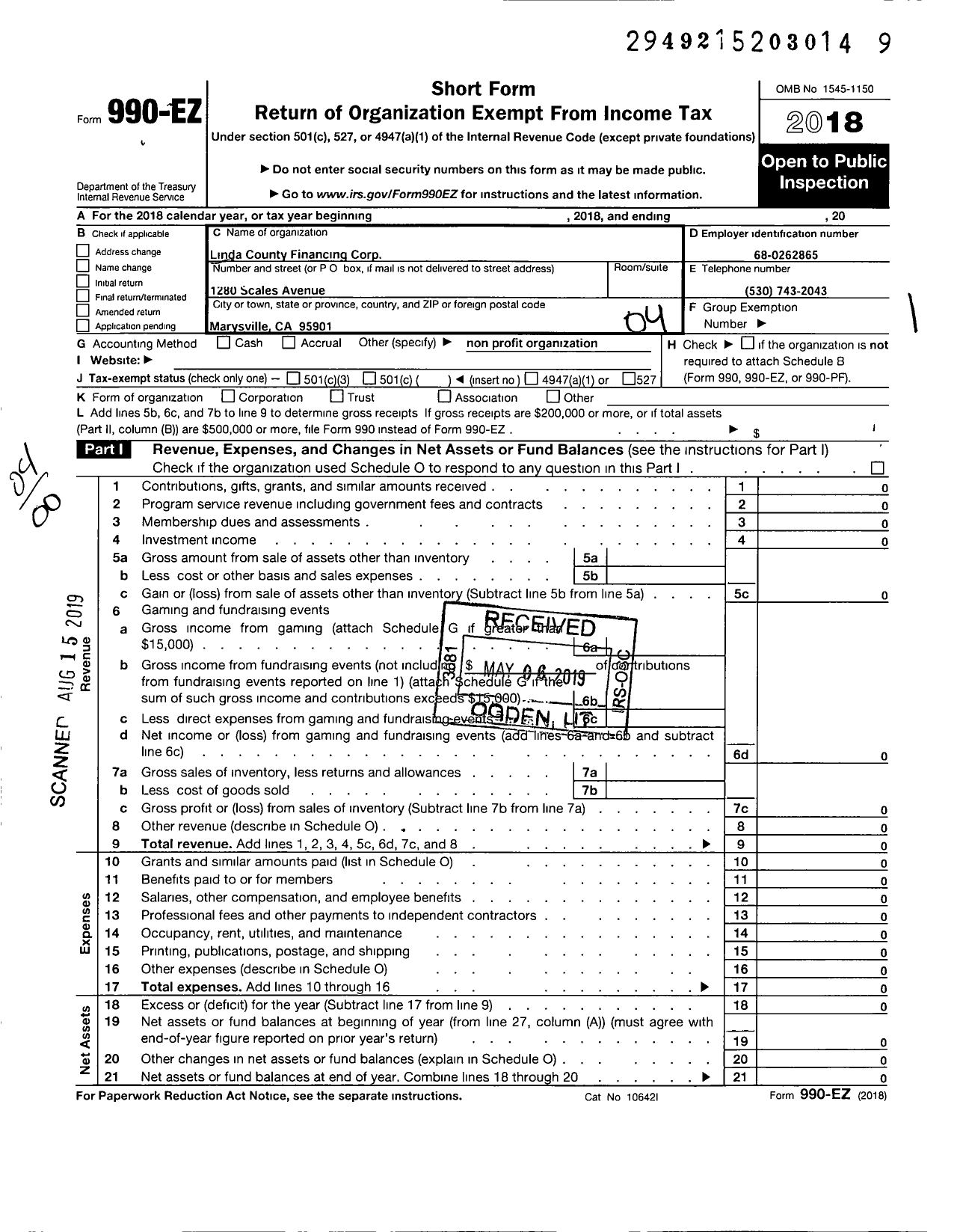 Image of first page of 2018 Form 990EO for Linda County Financing Corporation