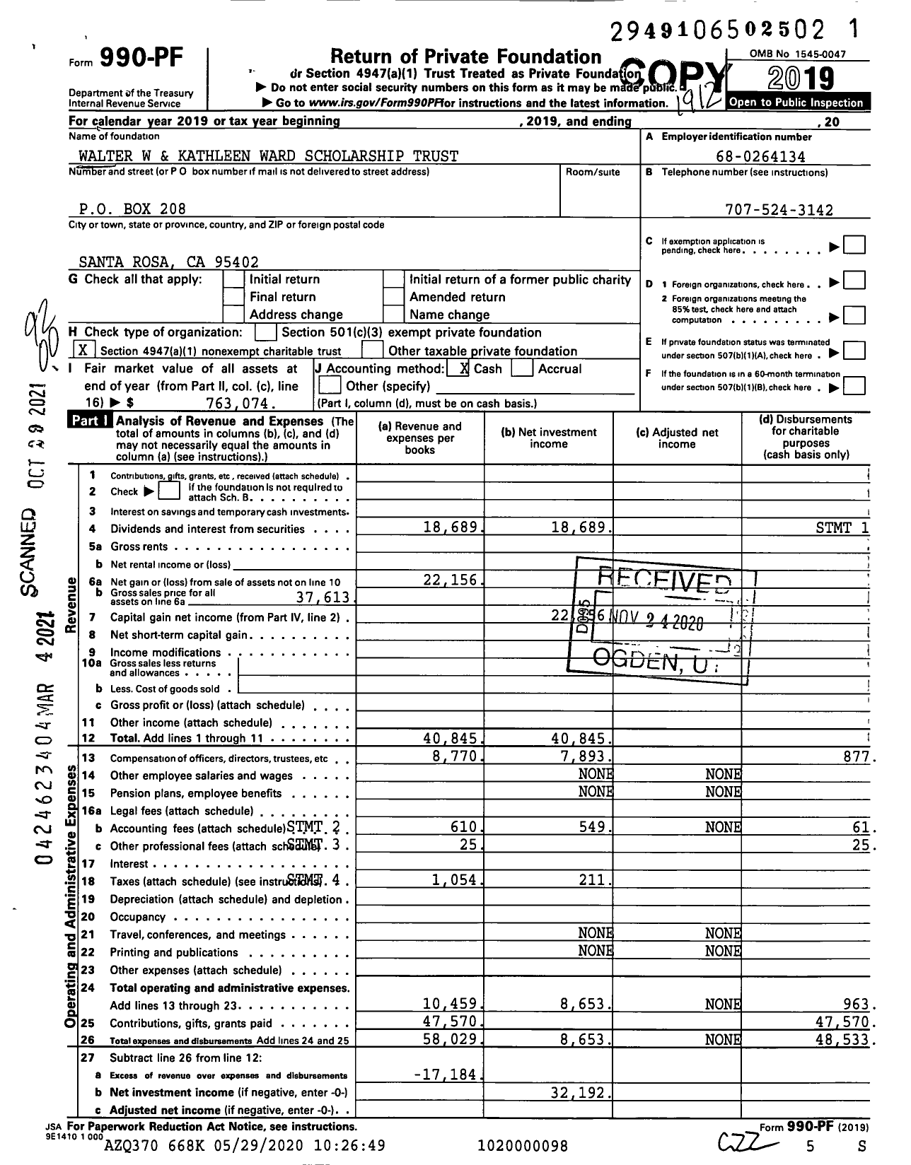 Image of first page of 2019 Form 990PF for Walter W and Kathleen Ward Scholarship Trust