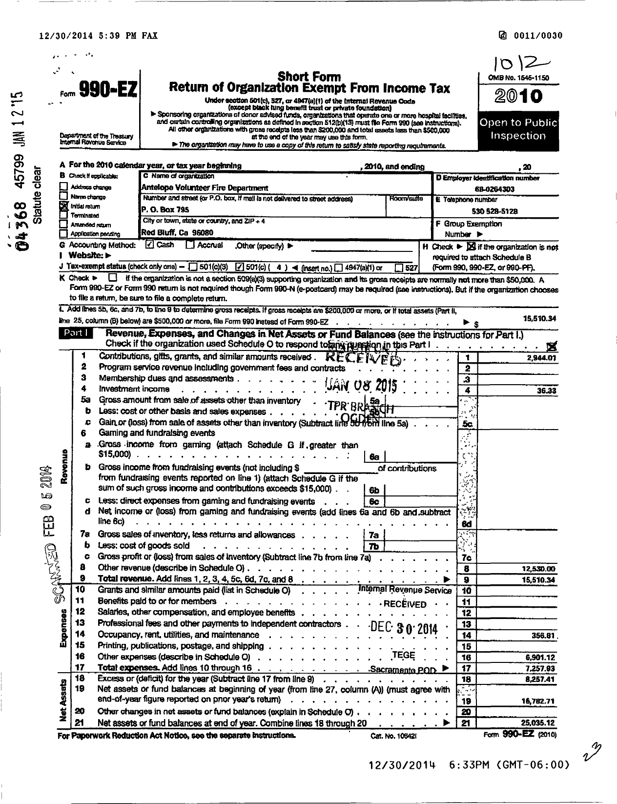 Image of first page of 2010 Form 990EO for Antelope Volunteer Fire Department