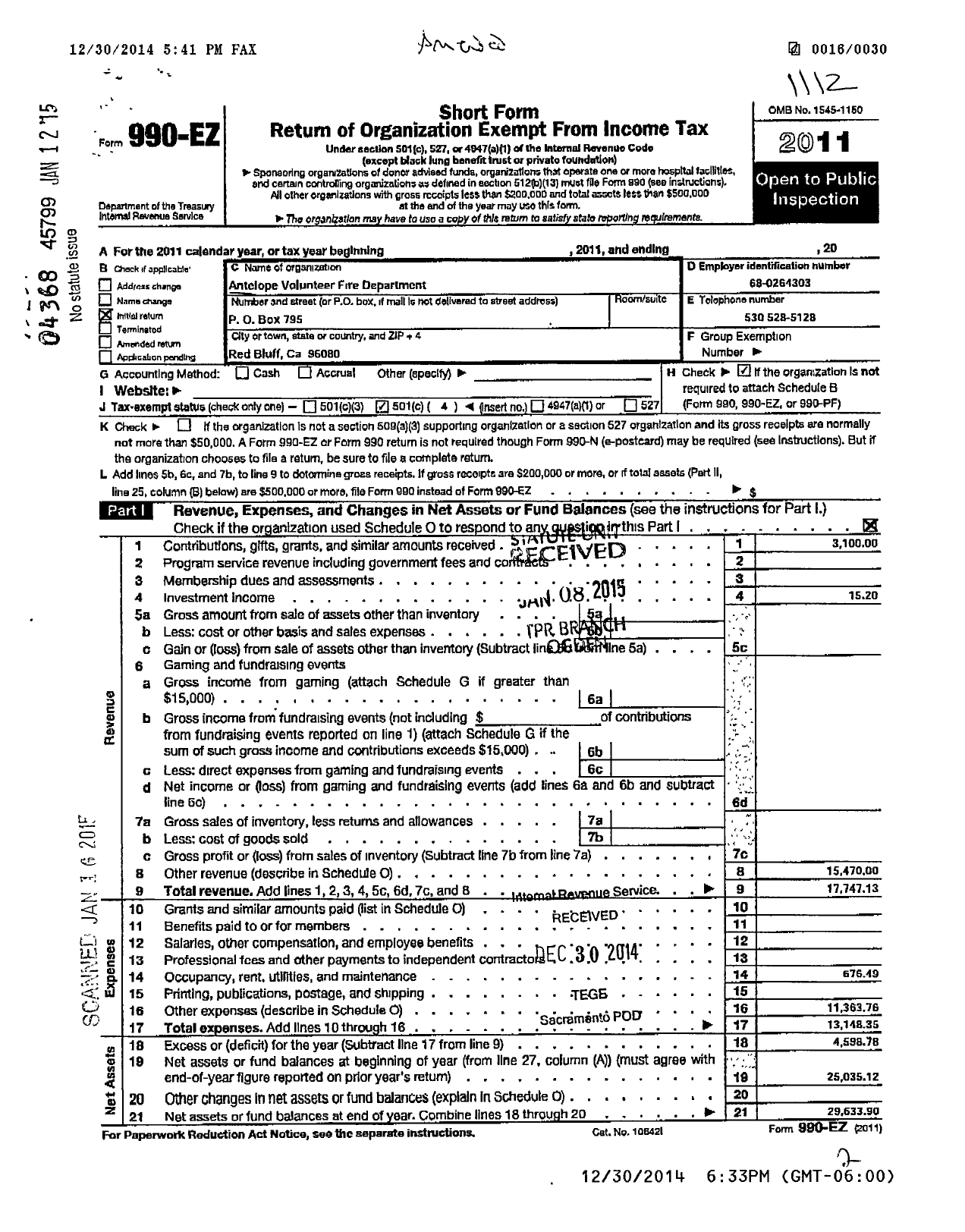 Image of first page of 2011 Form 990EO for Antelope Volunteer Fire Department