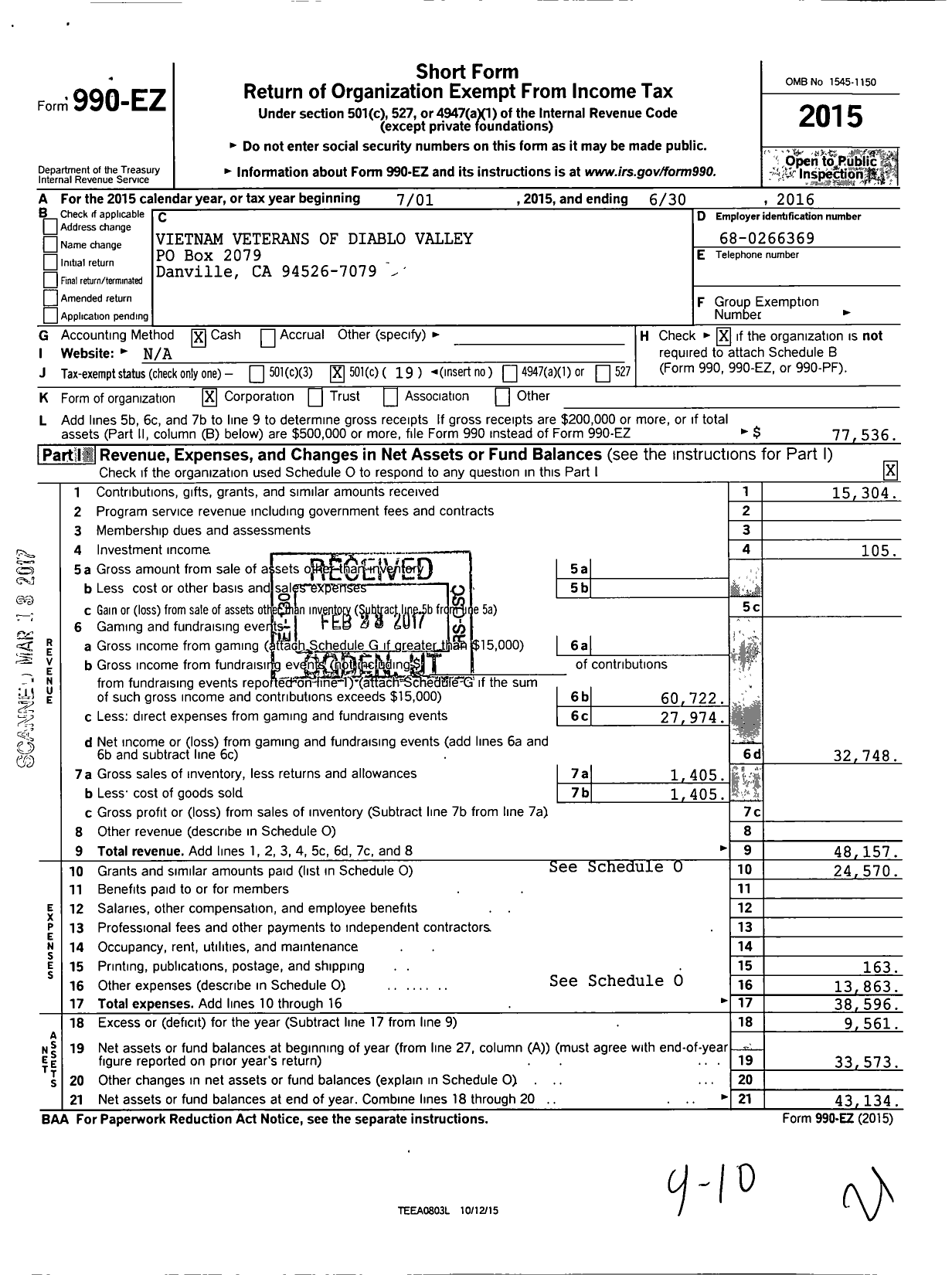 Image of first page of 2015 Form 990EO for Vietnam Nam Veterans of Diablo Valley