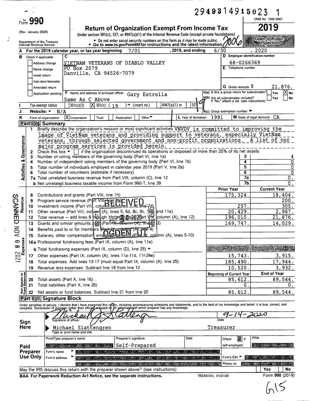 Image of first page of 2019 Form 990O for Vietnam Nam Veterans of Diablo Valley