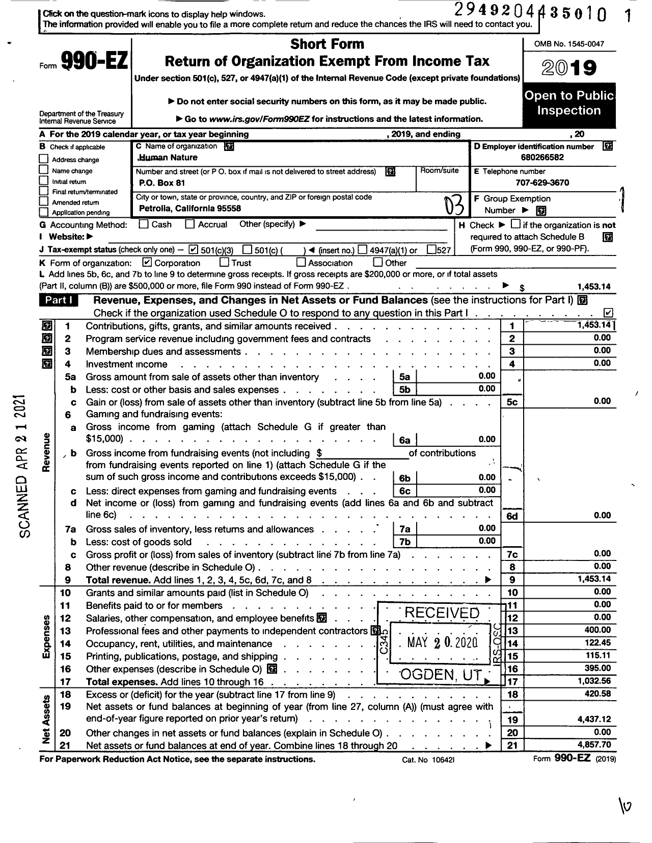 Image of first page of 2019 Form 990EZ for Human Nature